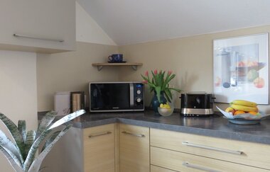 Kleine Küche mit Mikrowelle, Toaster, Blumenstrauß und Obstschale auf der Arbeitsplatte unter einer Dachschräge