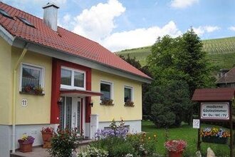 Gelbes Haus mit rotem Dach und Blumenkästen an den Fenstern, davor ein Garten mit bunten Blumen und ein Schild für moderne Gästezimmer mit Dusche und WC | © Gästehaus Gundling