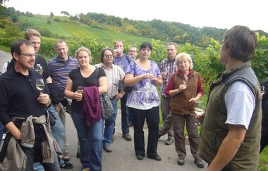 Ein Mann führt eine Gruppe Erwachsener bei einer Weinprobe | © Touristikgemeinschaft Hohenlohe e. V.