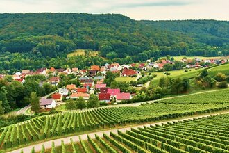 Der Ort Geddelsbach wird von Weinbergen und Wald umrahmt | © Hohenloher Perlen | Weingut Schneckenhof