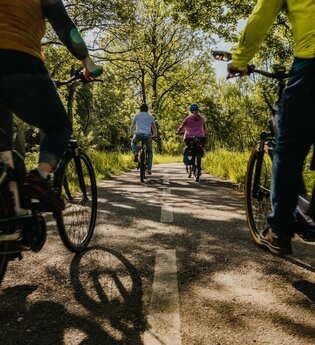 Eine Gruppe von vier Radfahrern fahren auf einem Radweg, der umsäumt ist von Wiese und Wald | © Stadtverwaltung Crailsheim