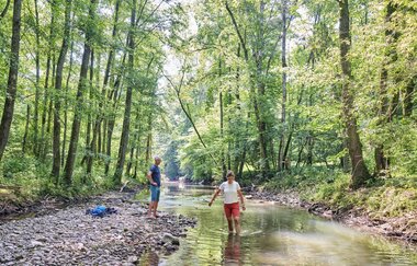Wandernde an der Kupfer | © Touristikgemeinschaft Hohenlohe e. V. | Florian Trykowski