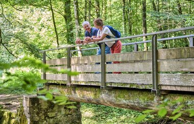 Wandernde am Schwarzen Steg im Kupfertal bei Forchtenberg | © Touristikgemeinschaft Hohenlohe e. V. | Florian Trykowski