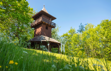 Ein hölzerner Aussichtsturm steht auf einer Wiese, umgeben von Bäumen und blühenden Blumen, unter einem klaren blauen Himmel. | © Stadt Gaildorf