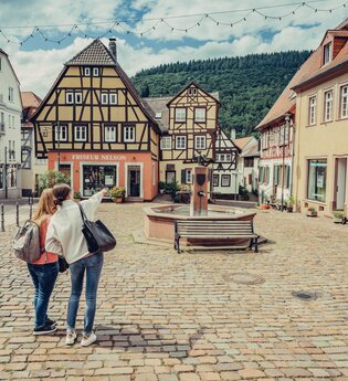 2 Frauen stehen auf dem Marktplatz Neckargemünd, 1 Frau deutet und zeigt der anderen Frau etwas.