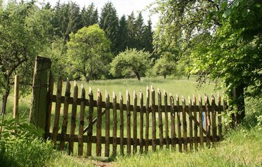 Blick durch ein Holztor mit angespitzten Holzpfählen auf eine Streuobstwiese am Wegrand des Kulturweges | © Petra Natzkowski